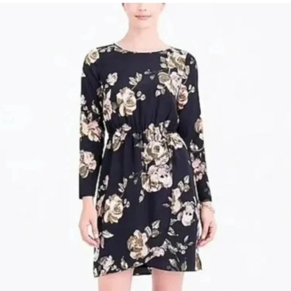 J. Crew Black Watercolor Floral Long Sleeve Tulip Hem Wrap Dress Size 18
